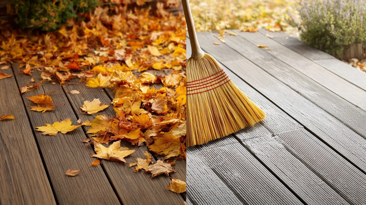 Timber decking being cleaned in autumn garden